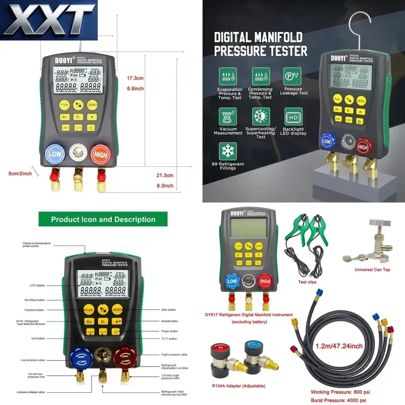 XXT DY517 Digital AC Refrigerant Gauge Kit HVAC Vacuum Pressure Meter Electronic Manifold Made Mainland China (Batteries Not