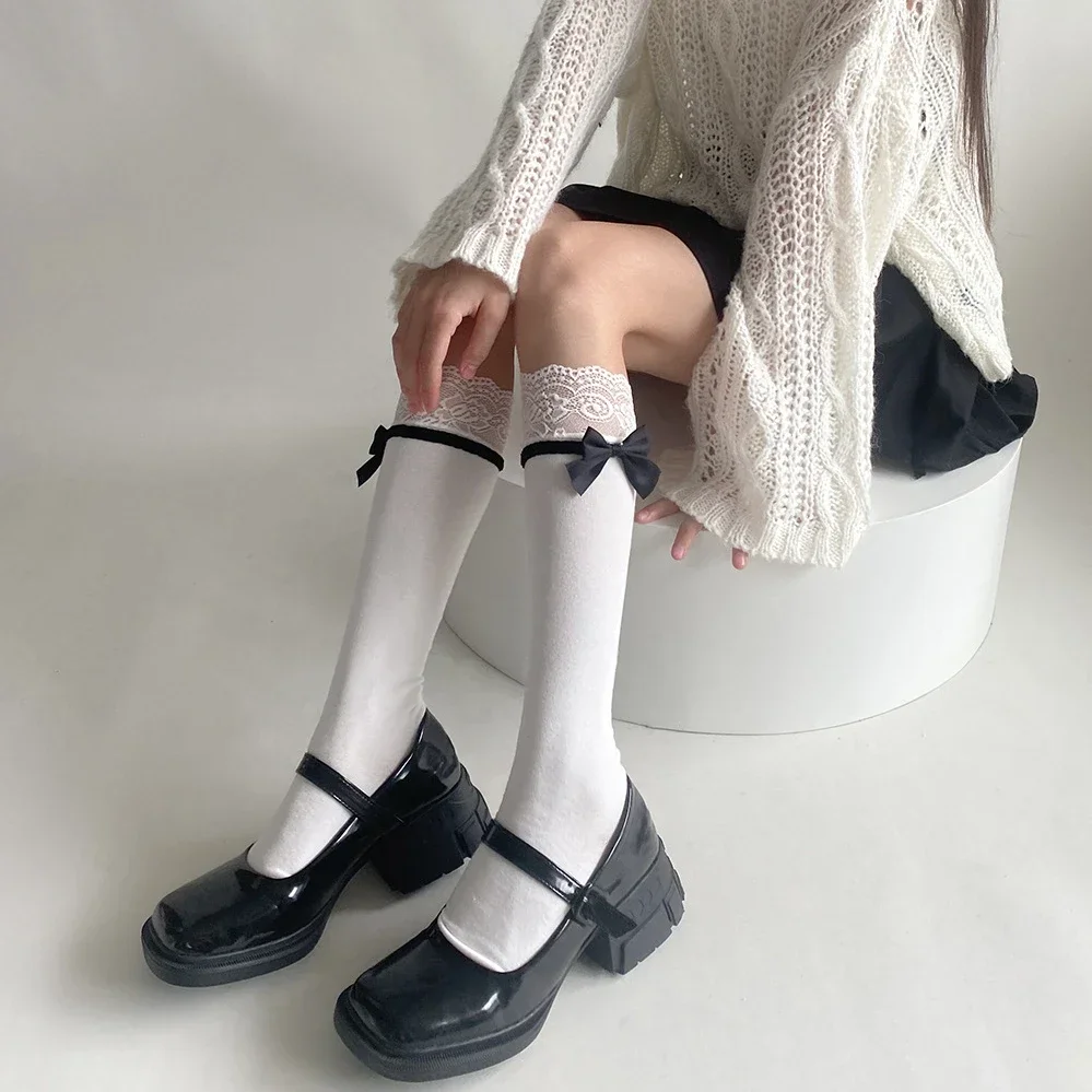 Чулки в стиле Лолиты для девочек JK, милые женские кавайные гольфы для девочек, длинные носки до колена в балетном стиле, повязки до бедра с бантом, чулки
