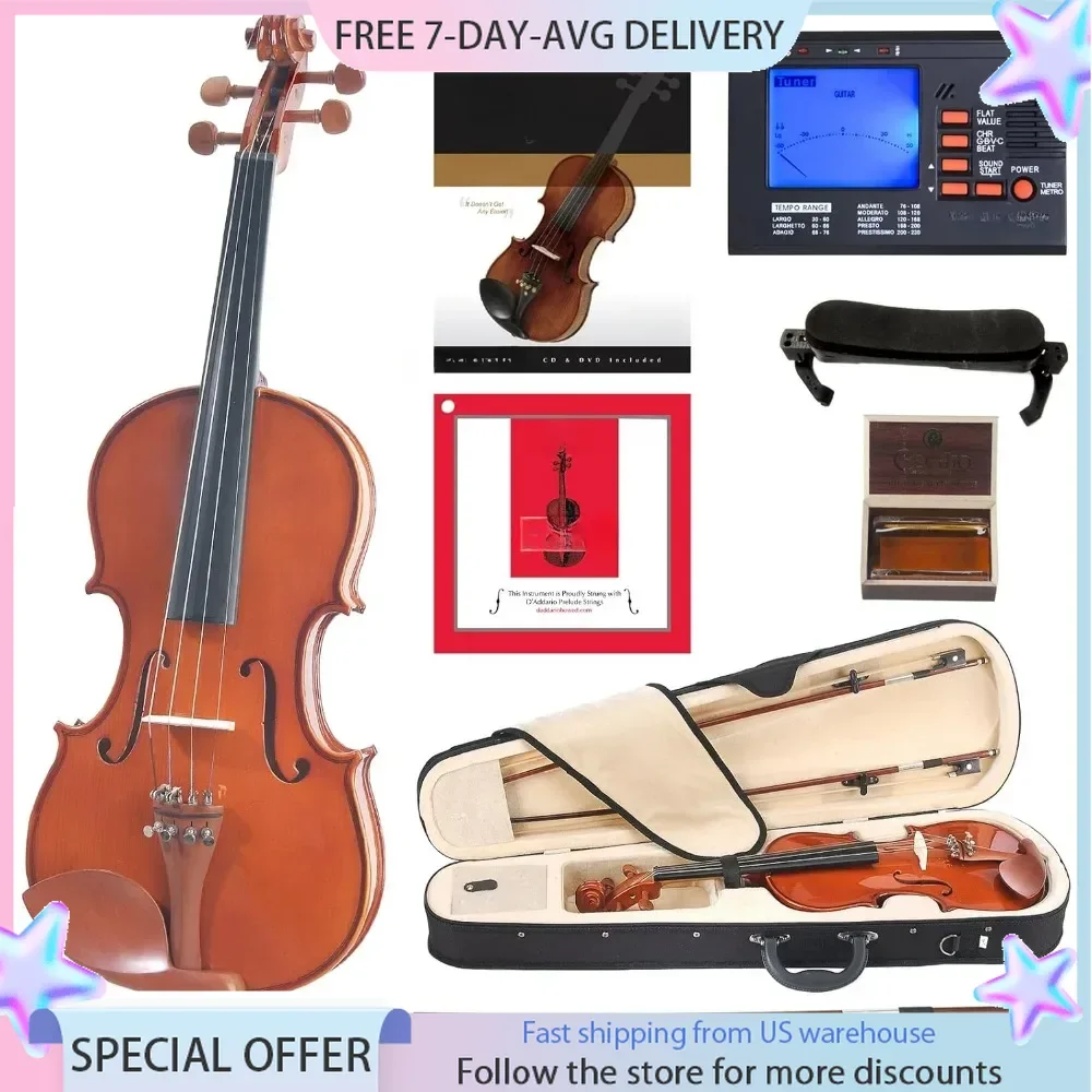 Violin with Prelude Strings - Solidwood Natural Varnish Violin for Beginners - Includes Tuner, Case, and 2 Bows Violin