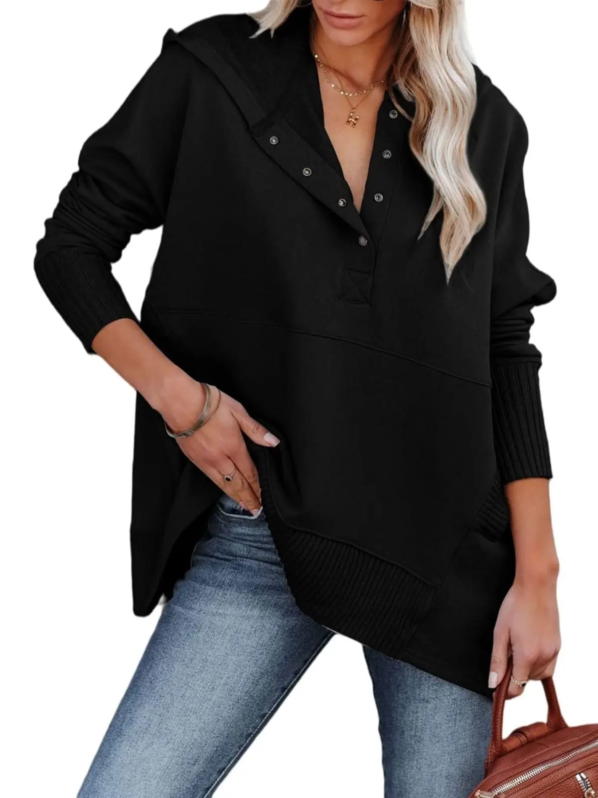 Hoodies For Women Oversized Sweatshirt Casual Solid Pullover Long Sleeve Tops Spring Fall Henley Shirt With Pocket