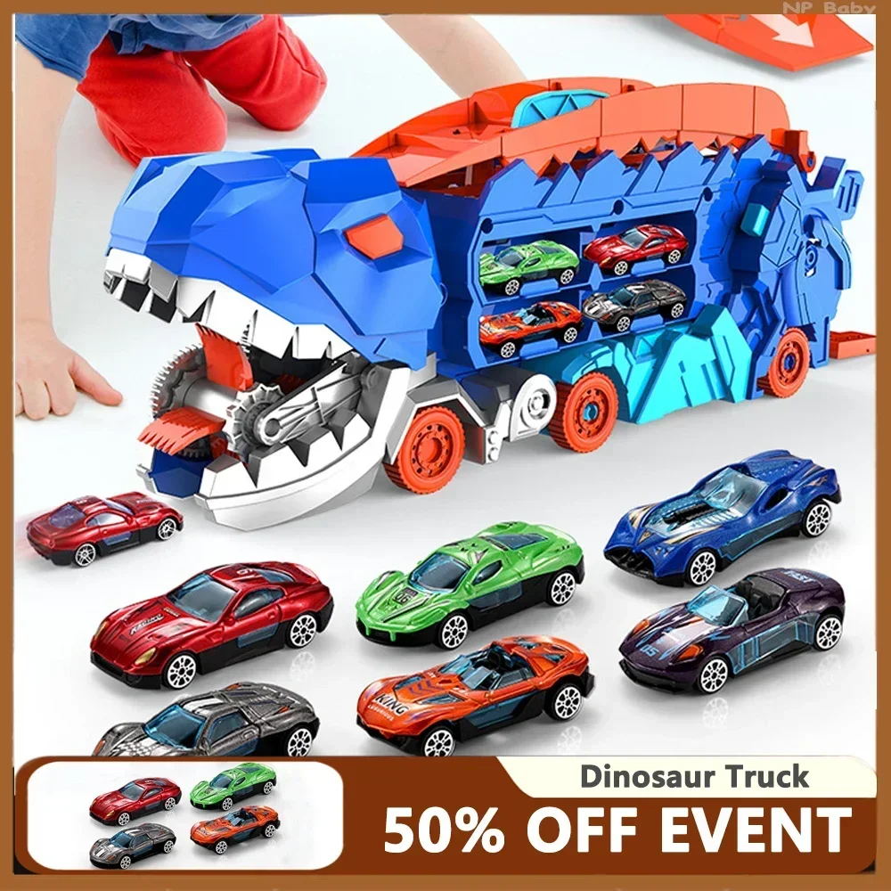 Transport Dinosaur Truck, with Foldable Sliding Race, Track Transforms into Standing T-rex Best Birthday Gifts Toys Boys Girls