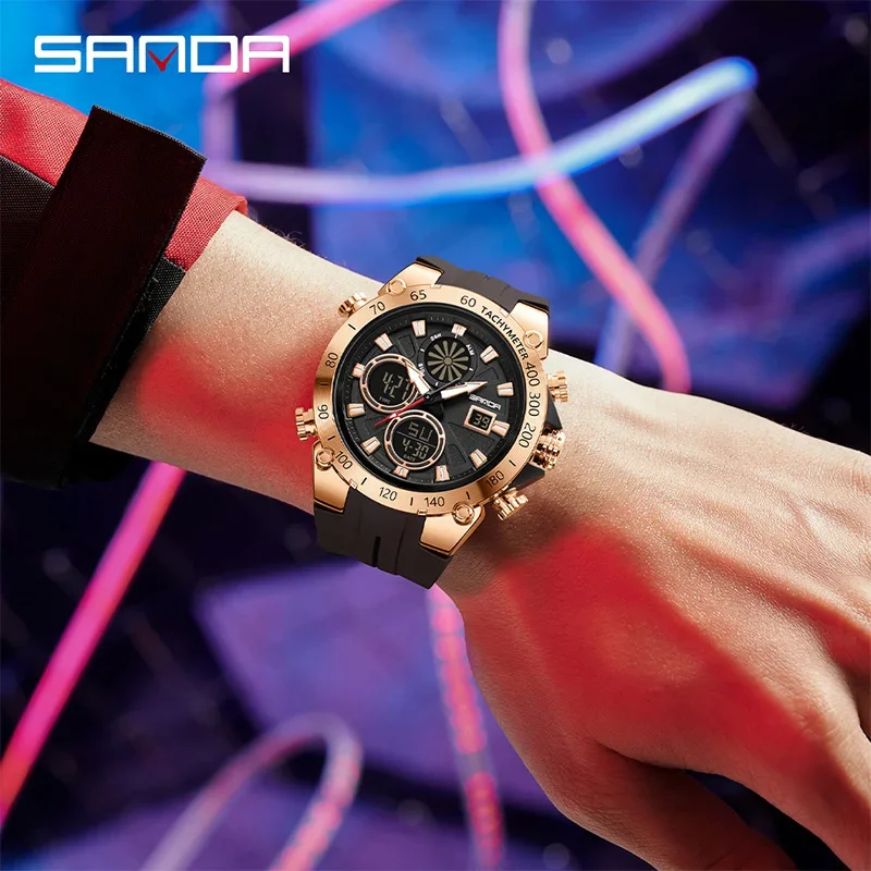 SANDA موضة جديدة للرجال ساعة رياضية عرض مزدوج التناظرية الرقمية مقاوم للماء ساعة LED الإلكترونية مضيئة الرجال كوارتز ساعة اليد