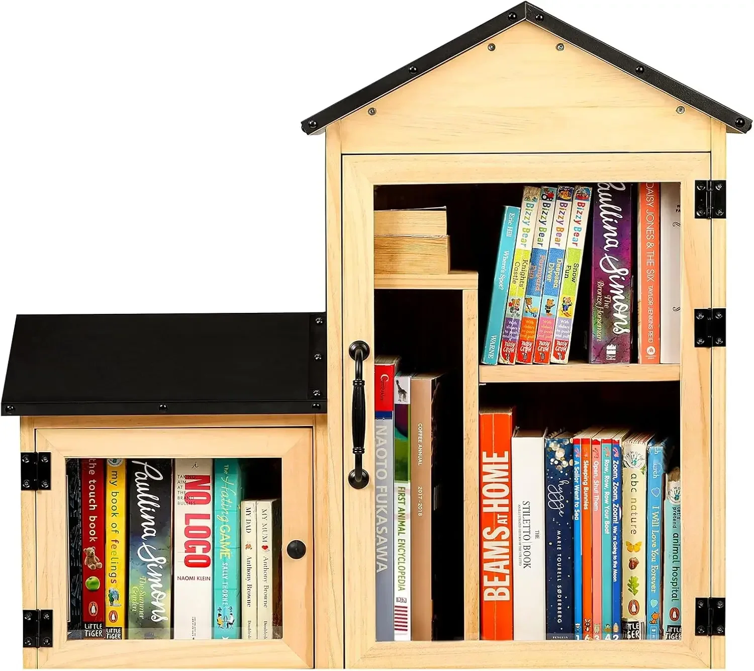 Little Library Box Outdoor, Double Little Library Design with Adjustable Shelf and Large & Small Compartments, Solid Wood with W