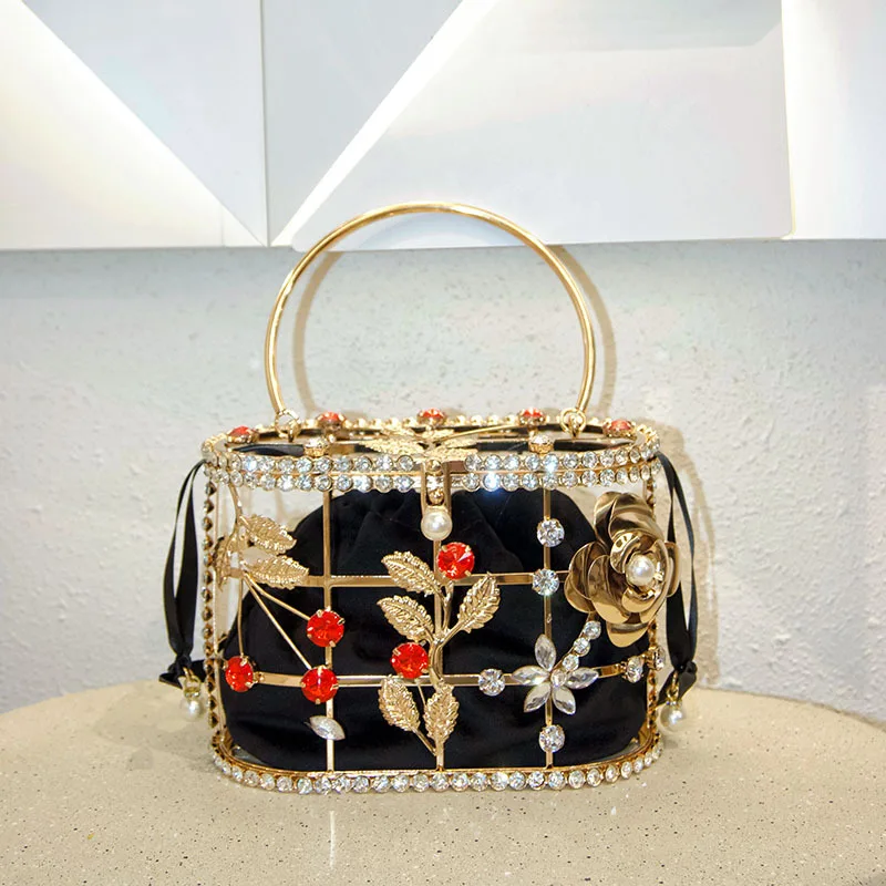 

Metal rose bird cage hollow vegetable basket bag, shiny and inflexible, rhinestone-encrusted high-end portable dinner bag
