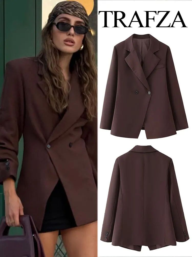 TRAFZA 2024 Women's Chic Waist Casual Suit Jacket Fashion V-neck Single Button Decoration Elegant Women's Street Casual Jacket