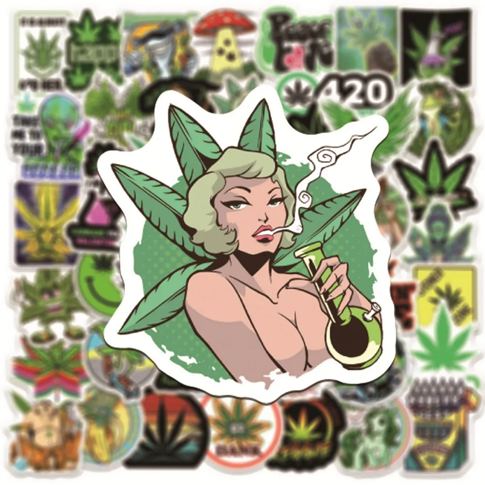 10/20/50pcs Hemp Leaves Weed Smoking Stickers Funny Characters Motorcycle Scooter Guitar Phone Case Vinyl Decal Sticker Bomb