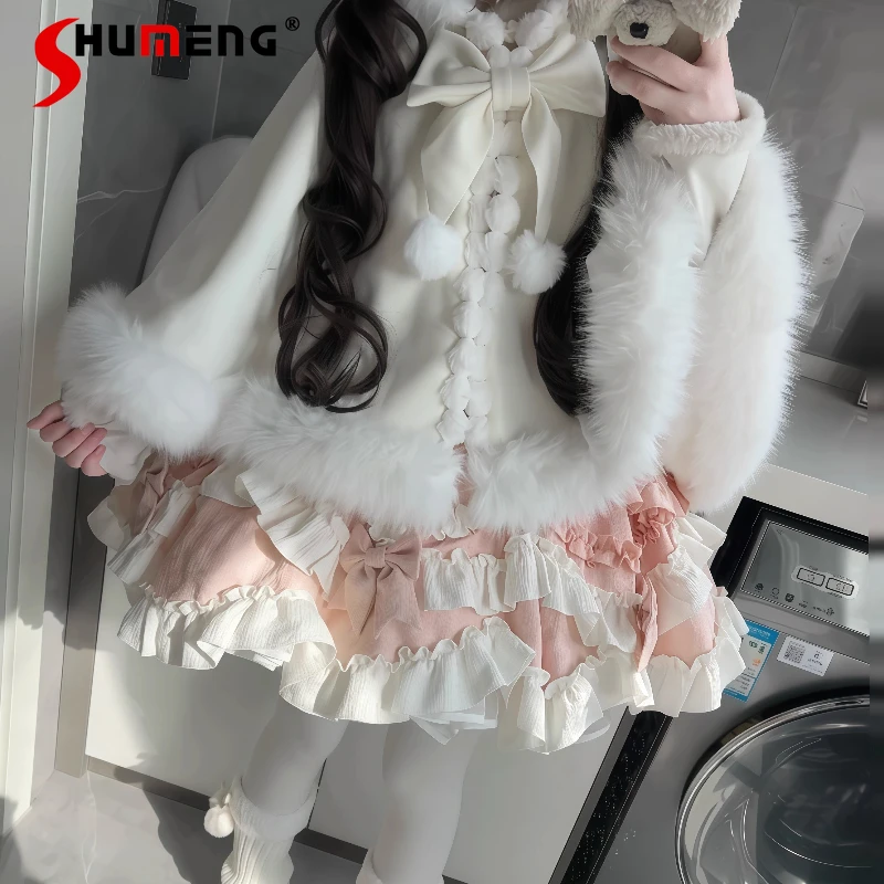 

Оригинальный милый плащ с капюшоном в стиле Лолиты для девочек, новый зимний женский плюшевый теплый накидка Y2K, пончо, женская короткая куртка на Рождество 2025 г.