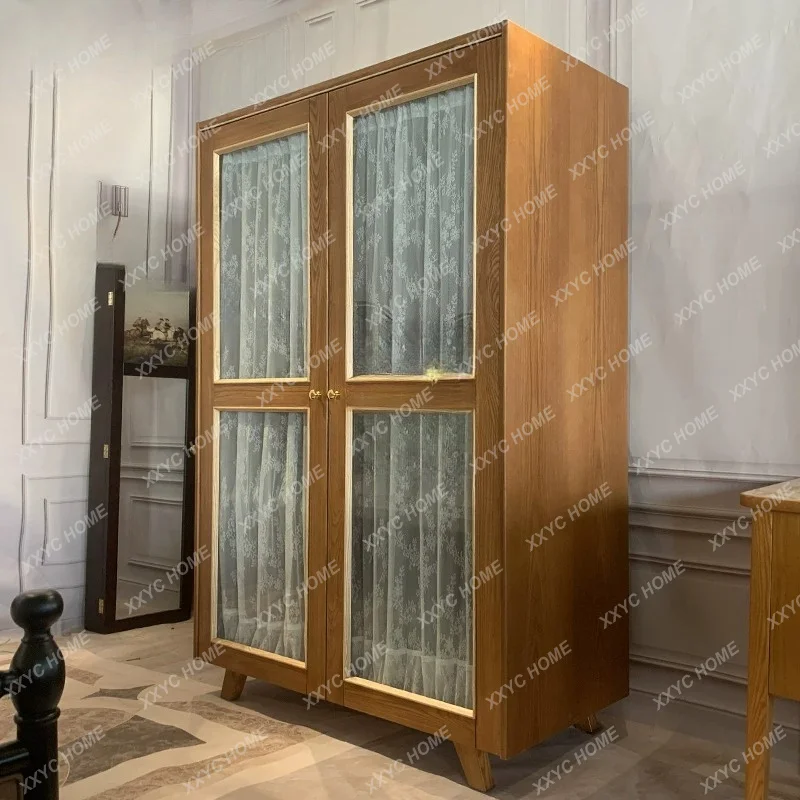 Grandmas Wardrobe Vintage Cabinet Storage Solid Wood Fabric Curtain Cabinet  Glass Wardrobe