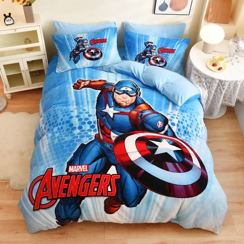 Marvel Spider-Man Captain America Cartoon Children's Plush Warm Sheets and Quilt Covers Home Four-piece Bedding Set Wholesale