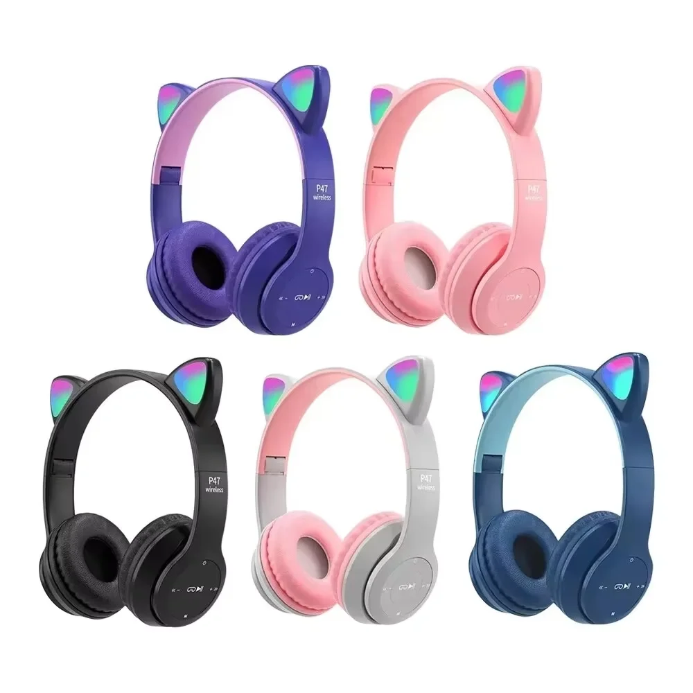 2025 P47M Wireless Game Headphone Flash Light Cute Cat Ears Gaming with Mic Control LED Stereo Music Phone Bluetooth Headset