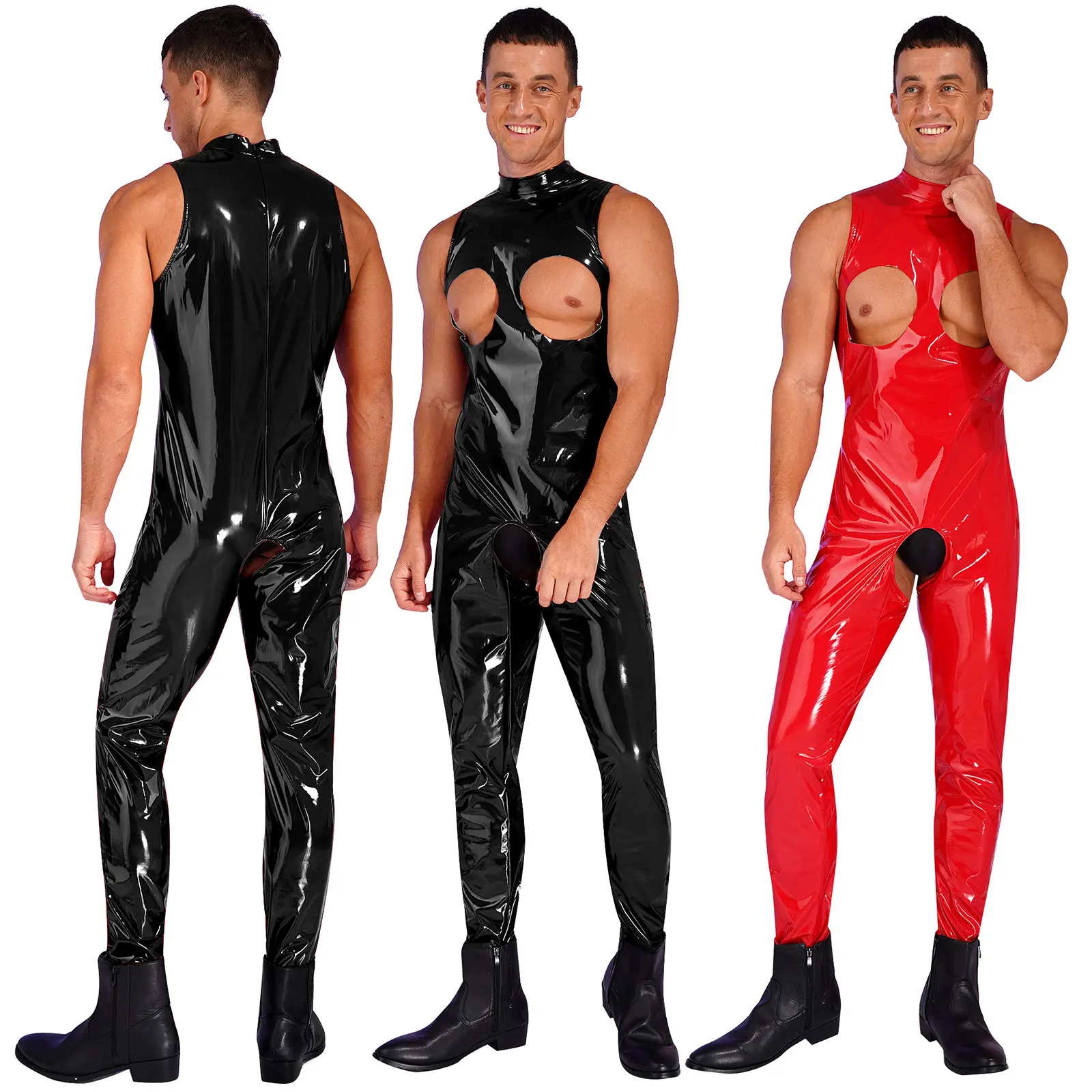 Herren glänzend glänzend Wetlook Lack leder offene Tassen Schritt ohne Bodysuit Unterwäsche ärmellose dünne Trikot Overalls Clubwear