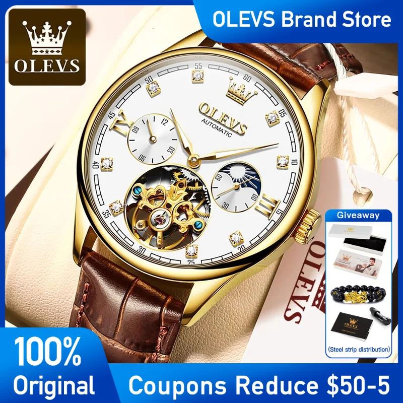 

OLEVS Mens Watch Original Multifunctional Automatic Mechanical Men's wristwatch Leather Strap Waterproof Luminous Men Reloj