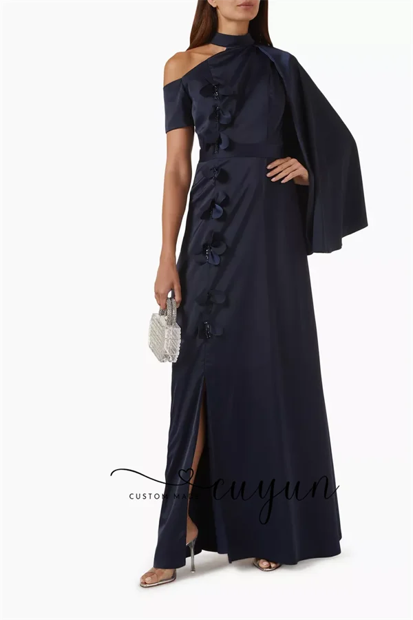 فساتين سهرة أنيقة مخصصة من CUYUN للمناسبات الخاصة باللون الأزرق الداكن ثلاثية الأبعاد فستان حفلات بفتحة جانبية فستان حفلات ملابس الضيوف