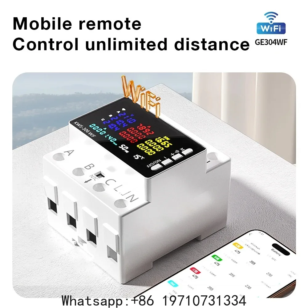 85-290V WiFi Power Meter KWS-306WF Digital Energy Tester Current Voltage Protector Relay Switch Color Screen 3P Guide Rail Table