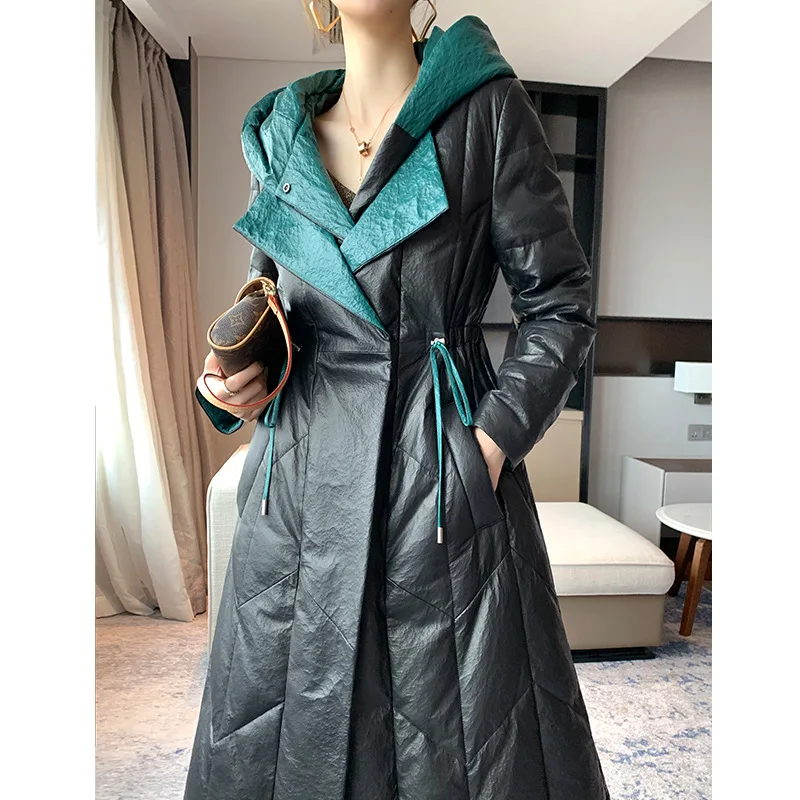 

2023 Promotion New Designer New Temperament Genuine Leather Down jacket Women's medium long hooded coat Sheepskin fur coat