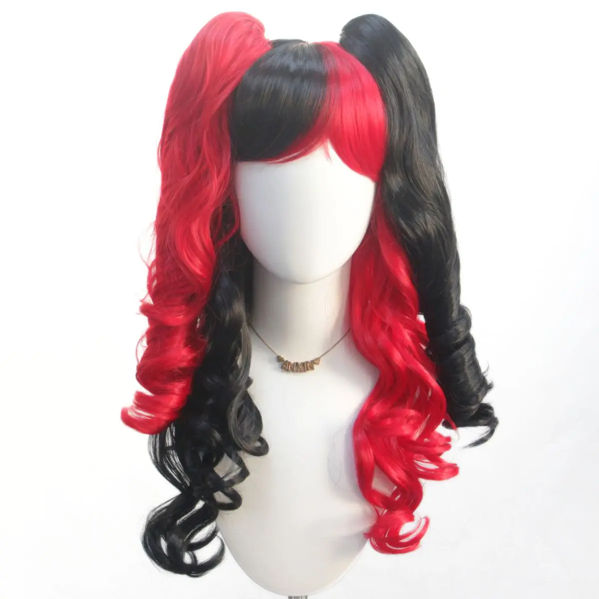 Abnehmbare rote und schwarze Doppel-Pferdeschwanz-Synthetikperücke mit langem, lockigem Haar |   Witch's Dress-up Cosplay Perücke