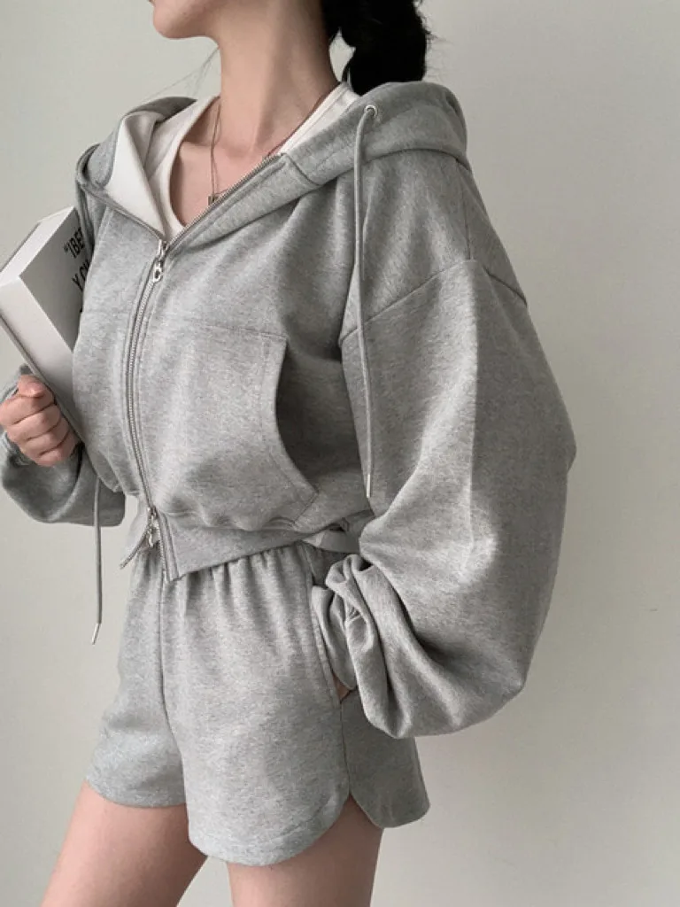 

Chic Early Autumn Retro Hooded Zipper Sweatirt Jaet High Waist Slimming Versatile Wide Leg orts Women's Faion Set