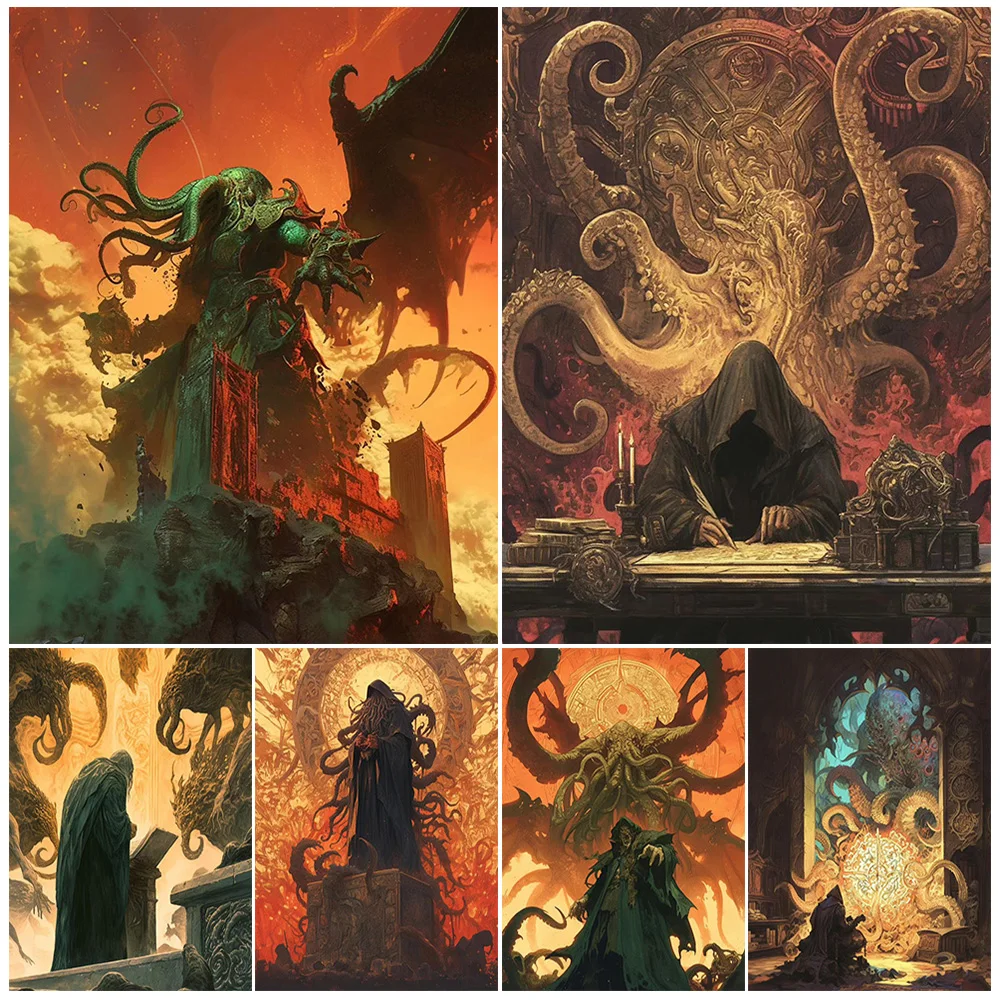 

Cthulhu Gods On The Throne,Abstract Wall Art,Canvas Painting,The Great Pagan Gods,Fantasy Art Poster And Print Home Decoration