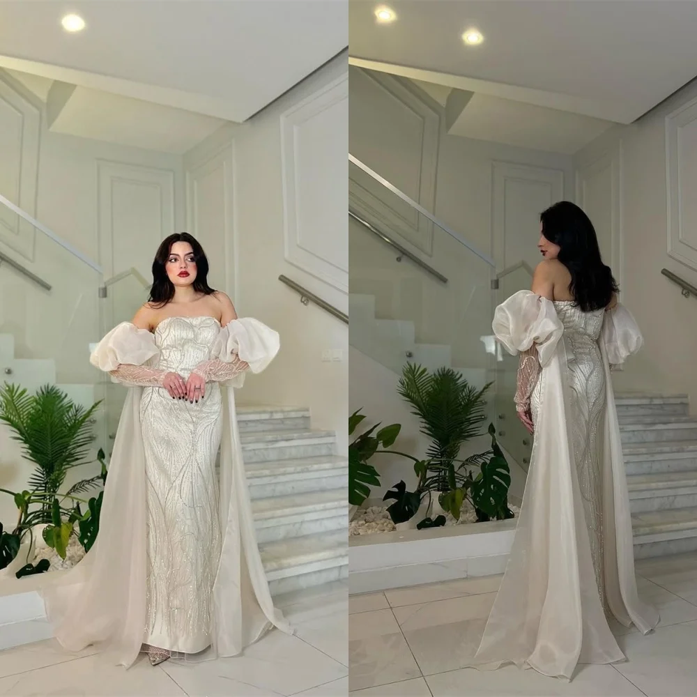 

Customized High Quality White Organza Wedding Dress Exquisite Strapless Detachable Sleeve Long Sleeves Chapel Train Bridal Gowns