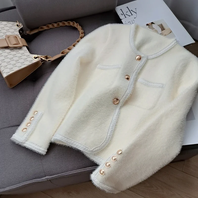 Mink Velvet Knitted Cardigan French Golden Buttons White Sweater Women Warm Soft Autumn Winter Coat Loose Elegant Tops