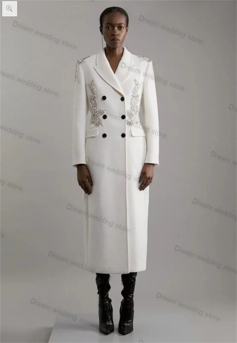 

White Cashmere Women Suit 1 Piece Long Blazer Overcoat Woolen Formal Office Winter Crystals Prom Dress Customized Coat Jacket