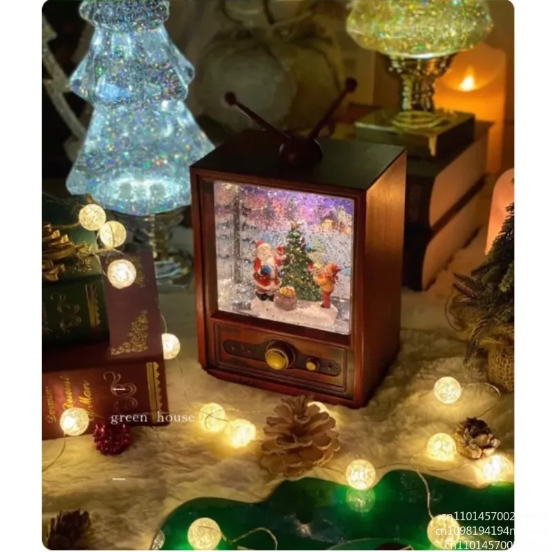 Beautiful TV Shape Craft Indoor Antique Santa Scene Christmas Snow Lantern Snowing Radio Shape  With Music and Led Light