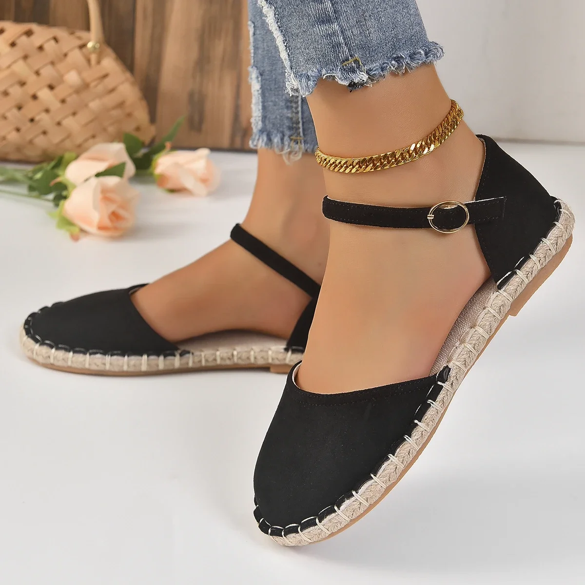 Plus Size 43 Shoes of Women Ankle Strap Espadrilles Roman Sandals Flat Hemp Rope Womens Shoes Comfort Summer Women Sandals 2022