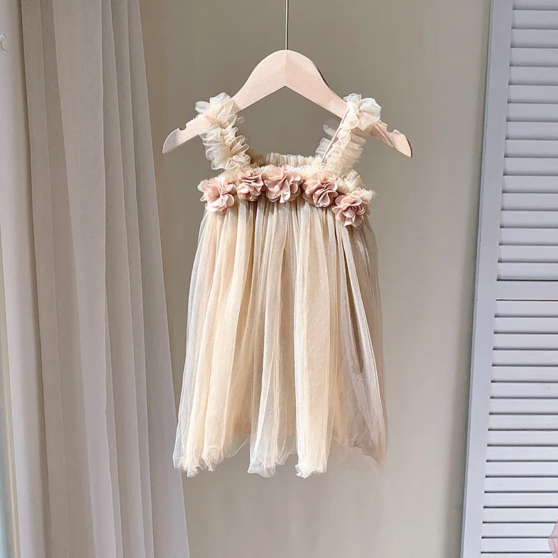 Sweet Baby Girl Clothes Three-Dimensional Flower Solid Colour Sling Baby Dresses Cute Baby Girl Dress Birthday Princess Frock