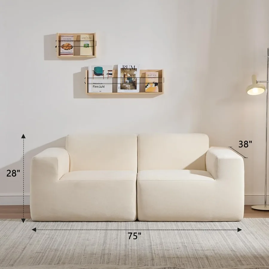 أريكة مريحة معيارية من Loveseat 75 قماش بيج بمقعدين، أريكة ذات مقعد عميق مدمجة لغرفة المعيشة الصغيرة وغرفة النوم أو ركن القراءة