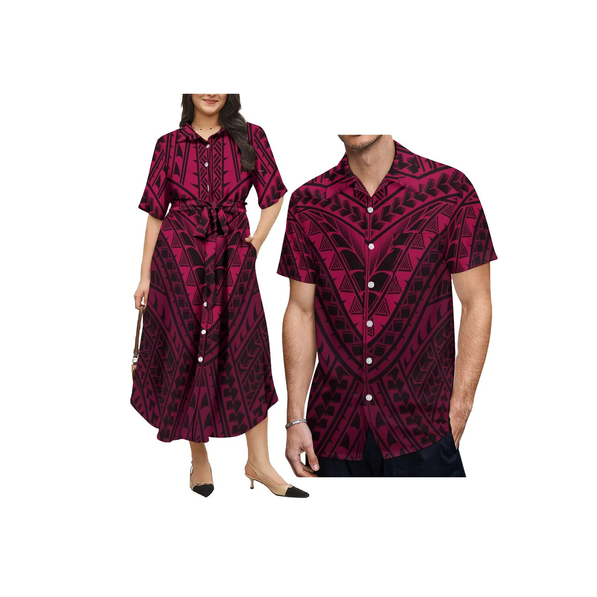 

New Design Wholesale Custom Logo Samoa Polynesian Tribal Print Summer Ladies Button Casual Party Lace Up Shirts Dress