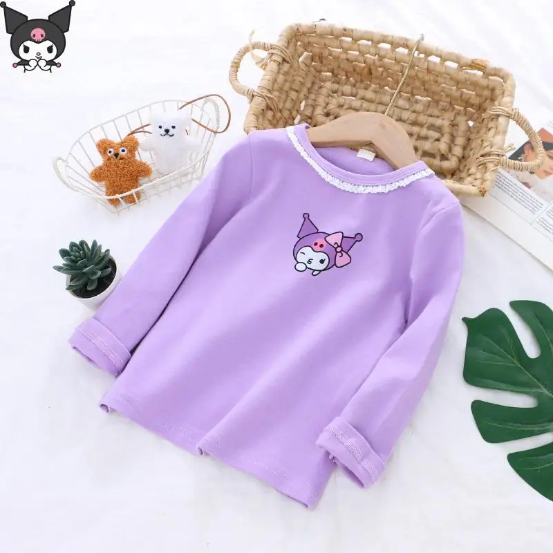 

Kuromi My Melody Kawaii Футболка для девочек Аниме Мультфильм Sanrio с длинными рукавами Новая весенне-осенняя кружевная рубашка с круглым вырезом Модная