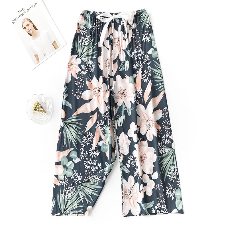 New Spring Summer Home Pants Women Pijama Plus Size Sleepwear printed Loose high waist Cotton Pants Female Calf Length Bottoms