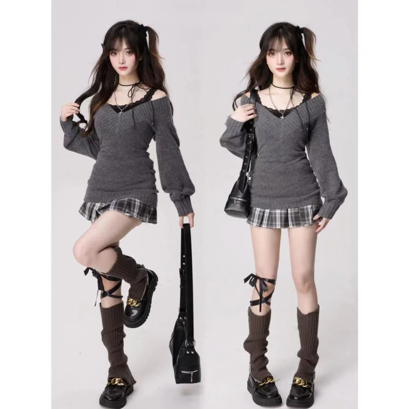 Vintage V-neck Sweater Sexy Lace Camisole Underwear Elegant Plaid Skirt Stylish Women's Autumn And Winter Warm Three-piece Set