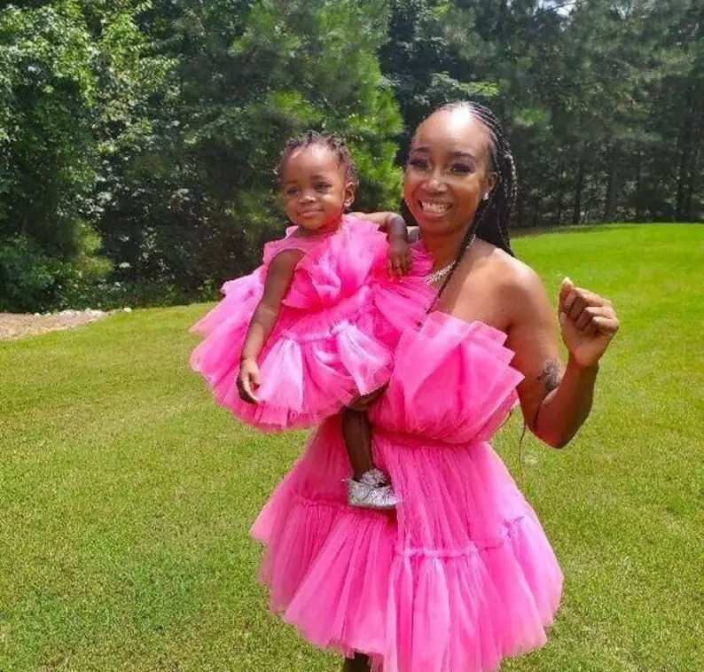 Strapless Hot Pink Tulle Mother and Daughter Dresses for Photoshoot or Party Short Mom and Me Dress Ruffles Lace up Back