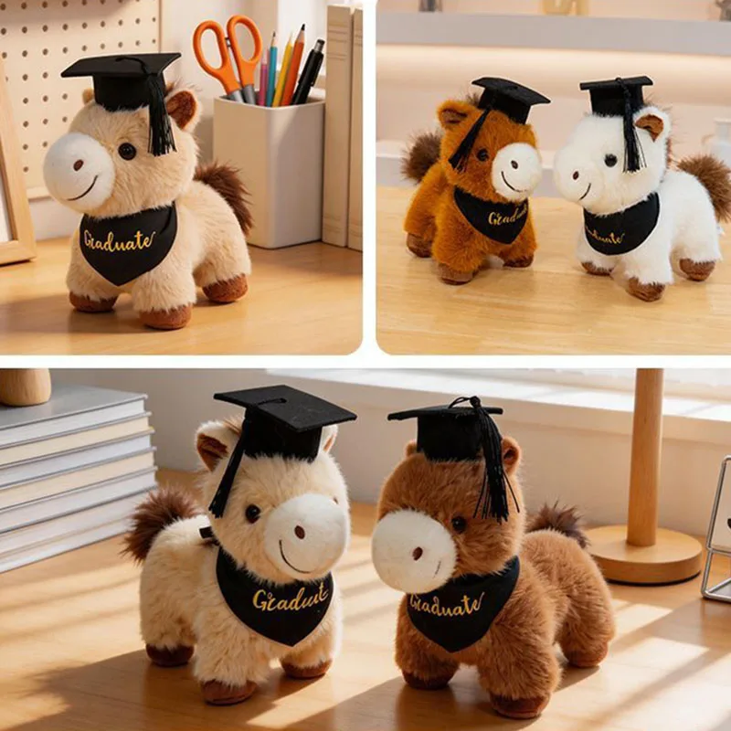 Cute Graduation Horse Plush Toy Squishy Stuffed Pony Animals Doll with Bachelor Cap for Graduation Gift Souvenir Collectibles