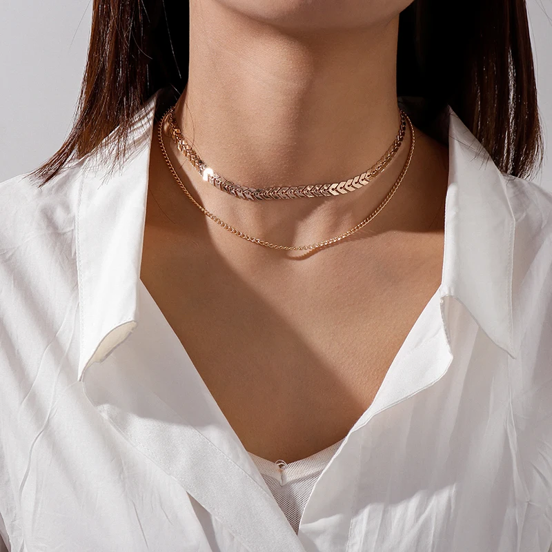 Aihua Gothic Doppelschichten Halsband Halskette für Frauen Flache Kette Halsband Auf Hals Schmuck Collares Fishbone Flugzeug Halskette – Detail 7