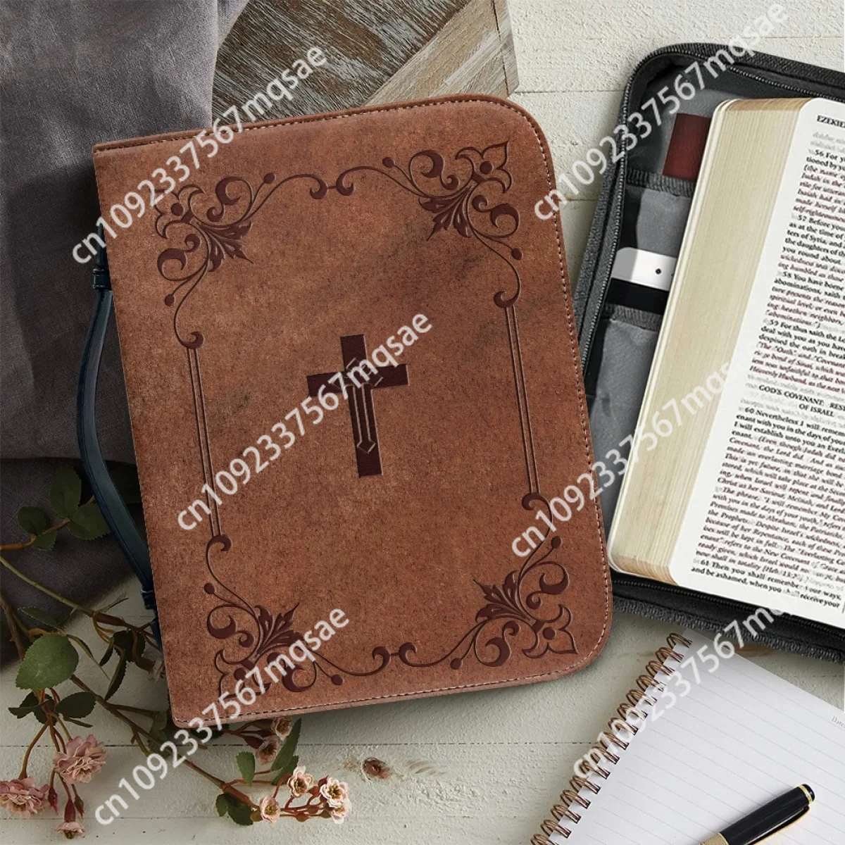 

Cross Classic Leather Print Bible Bag for Women Lady Zipper Handle Handbags Bible Hymns Custom Bible Cover Case Carrying