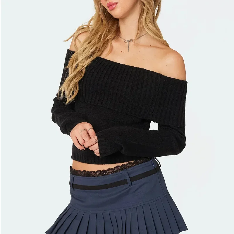 

Spring New European and American Knitted Top Women's Solid Color Off-Shoulder Long Sleeve Pullover Sweater