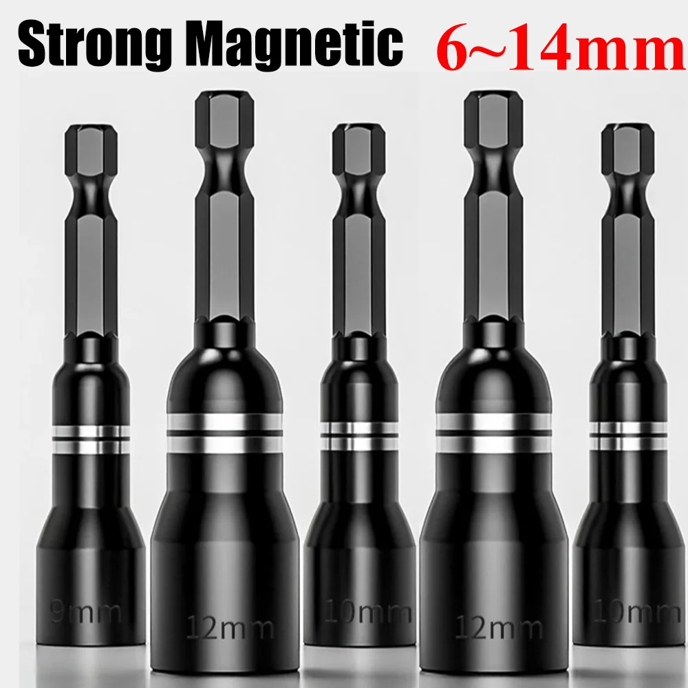 Pontas Magnéticas de Aço CR-V de 6mm a 14mm para Parafusadeiras Elétricas, Adaptador de Haste Hexagonal, Ferramentas de Chave de Soquete