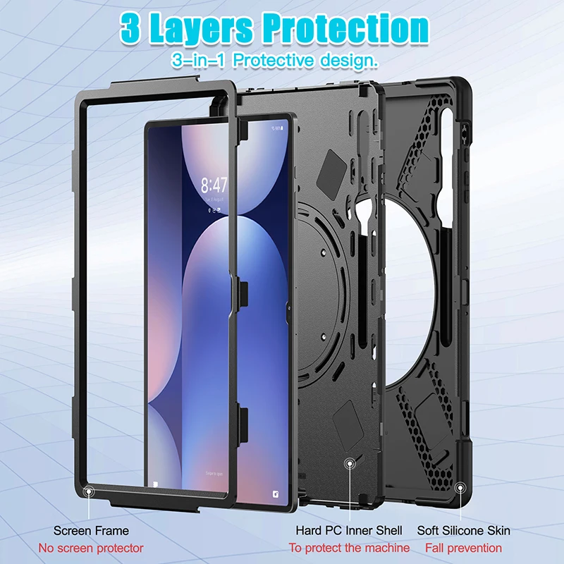 Case For Samsung Galaxy Tab S10 S9 S8 Ultra 14.6 inch Tablet Case Kickstand Holder Pencil Slot Shoulder Strap 360 Rotation Cover