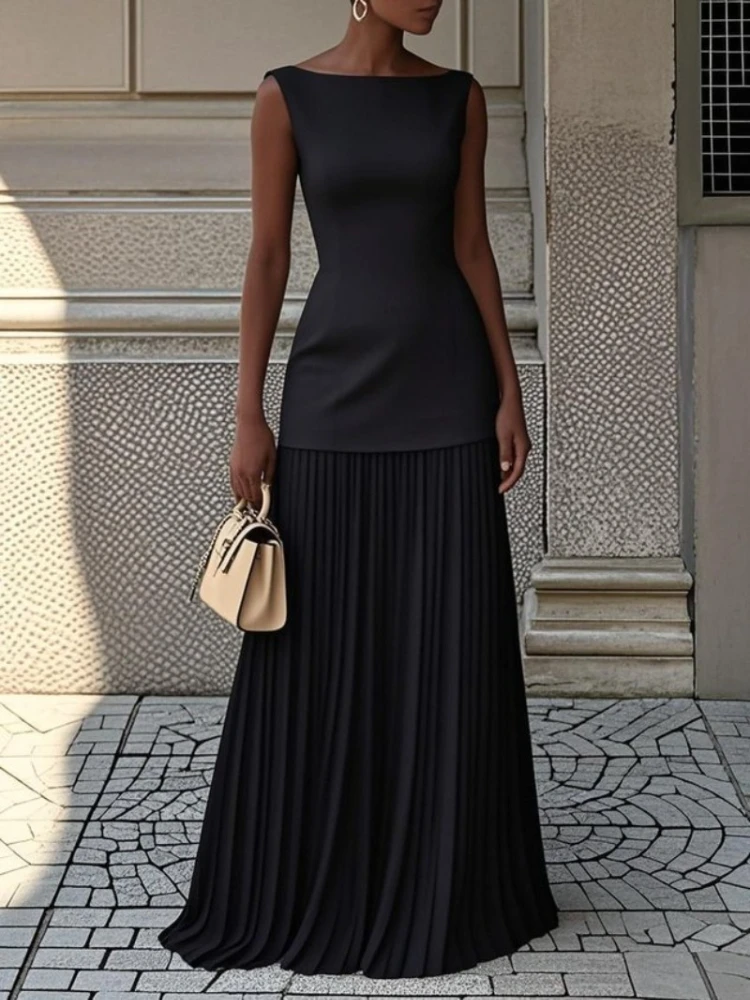Summer New Women Elegant Solid Splice Pleated Skirts Set Sexy Slash Neck Sleeveless Tank Boho Dress Hollow Slim Maxi Skirts view 4