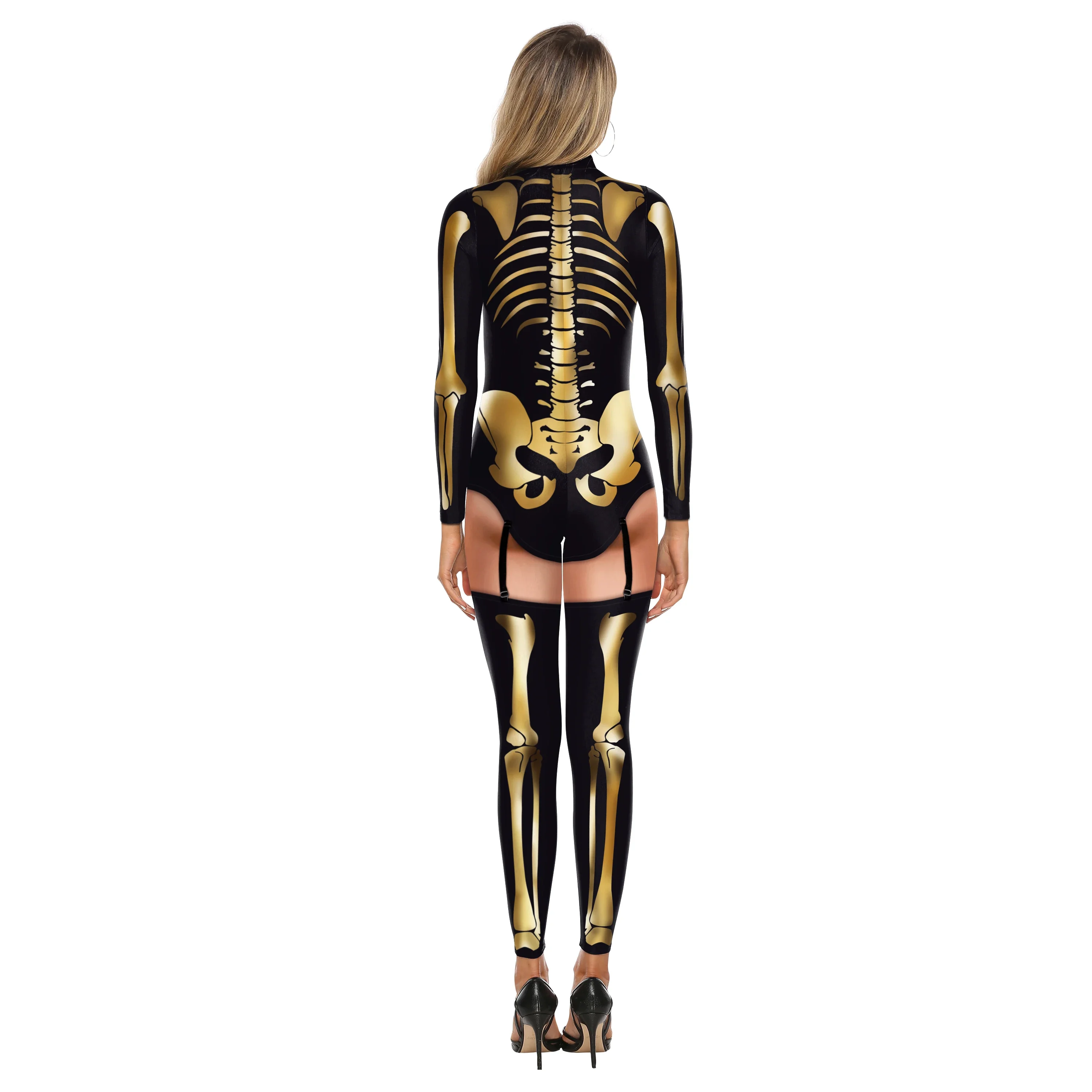 Goldener Skelett-Overall, ausgefallenes Halloween-Hexe-Cosplay-Kostüm, Karneval, Body, Reißverschluss, Party-Catsuit, 3D-Druck, Zentai-Anzug