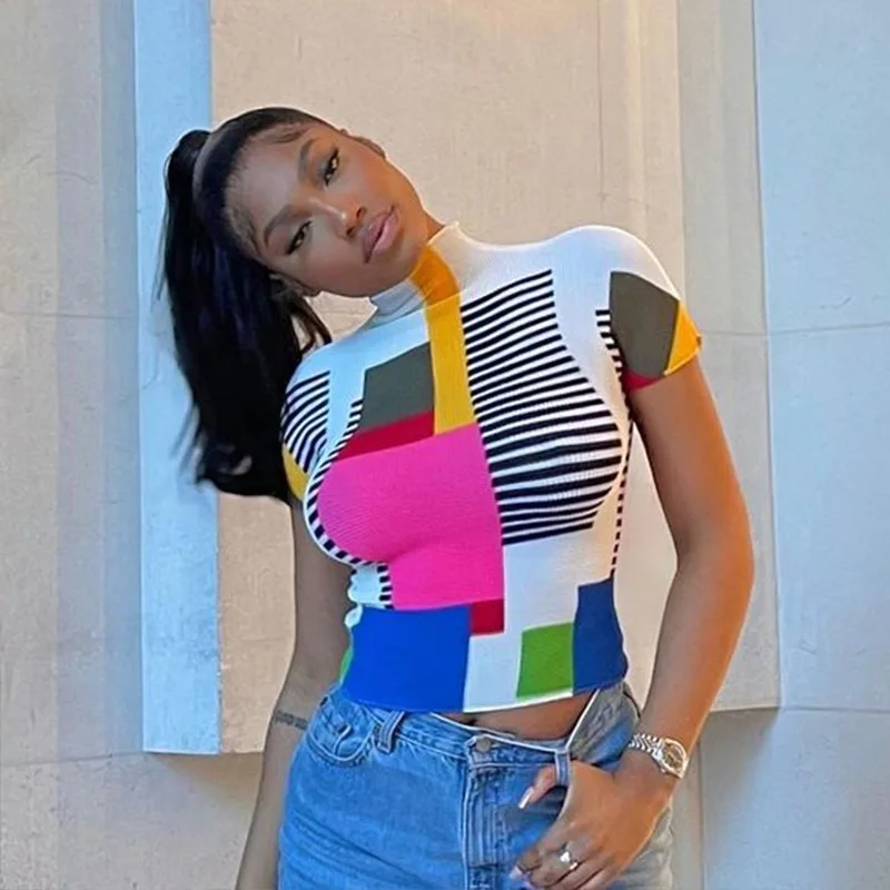 

2026 New Street Style Trendy Half-High Collar Women's Short Sleeve Geometric Print Slim Fit T-Shirt