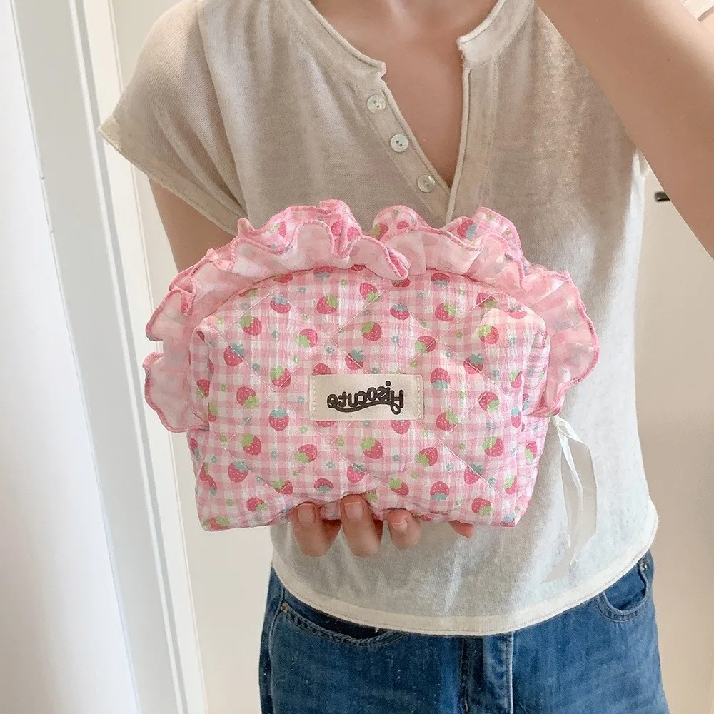 Kawaii Ruffle Lace Makeup Bag Large Capacity Portable Cosmetic Pouch Floral Print Makeup Organizer Women Girls