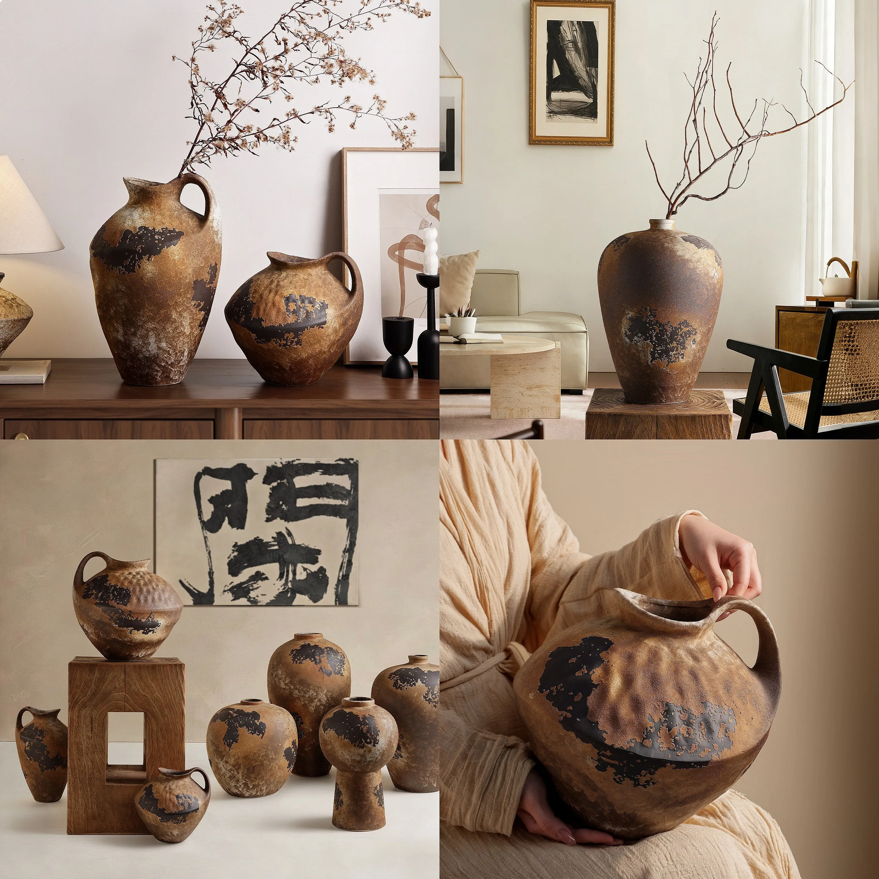 Wabi-Sabi Ceramic Vase, Handmade Vintage Flower Vessel for Living Room Decor, Elegant Accent