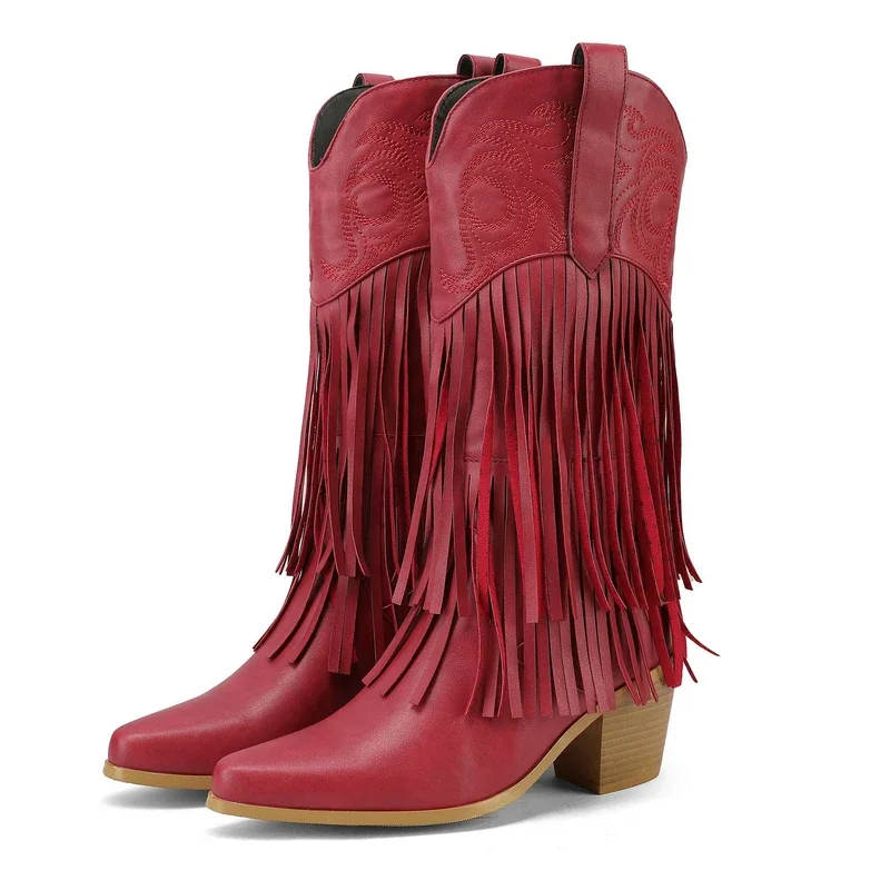 

Embroidery White Pointed Toe Western Cowboy Boots with Tassels Chunky High Heels Slip-on Ladies Shoes Winter Goth Black Boot