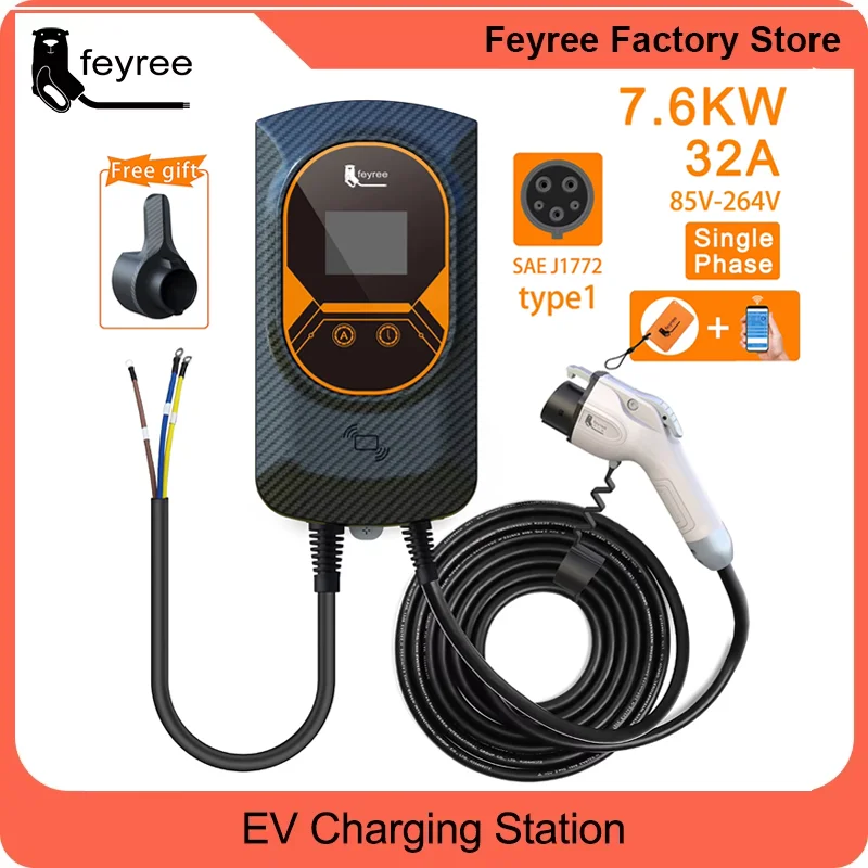 

Feyree Зарядное устройство для электромобилей Type1 EVSE Wallbox 32A 7.6KW 40A 9.6KW 50A 12KW 1-фазный адаптер j1772 Управление через приложение для электромобиля