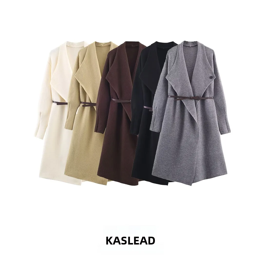 

KASLEAD New Women's Faion Loose Knitted Coat with Belt Simple Sli Mid-Length Polyester Fiber Long Sve Open Cardigan