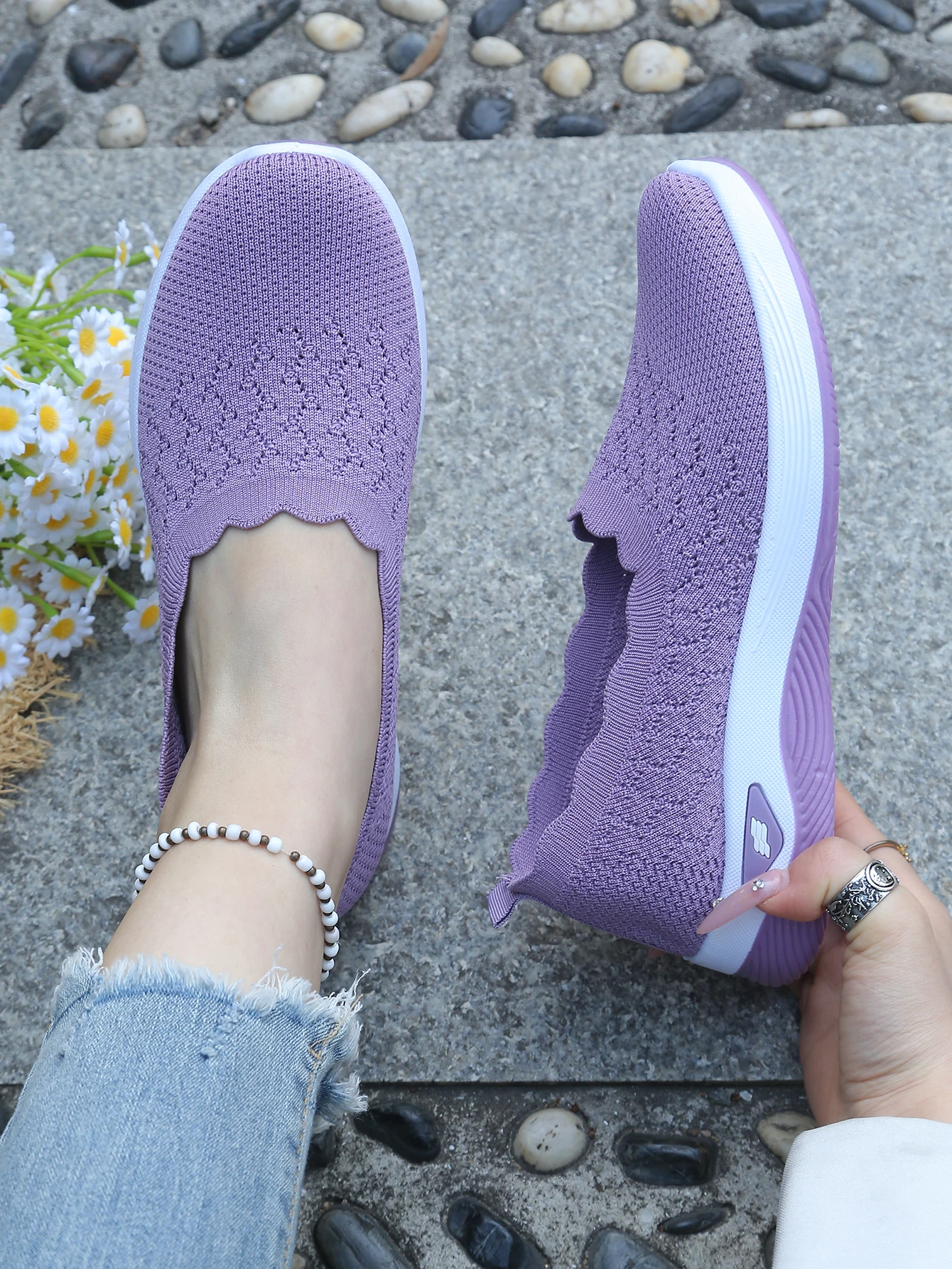 Damen-Slip-On-Freizeitsneaker aus Strick, atmungsaktive, leichte Komfort-Wanderschuhe mit Muschelbesatz, kostenloser Versand – Detail 1