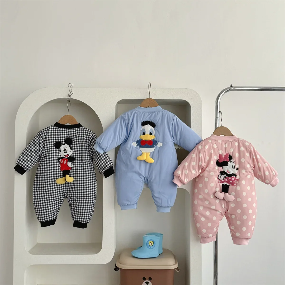 Disney Autumn Winter Newborn Baby Boys Romper With Plush Girls Clothes Mickey Minnie Donald Cotton Hooded Coat Outfit Jumpsuit